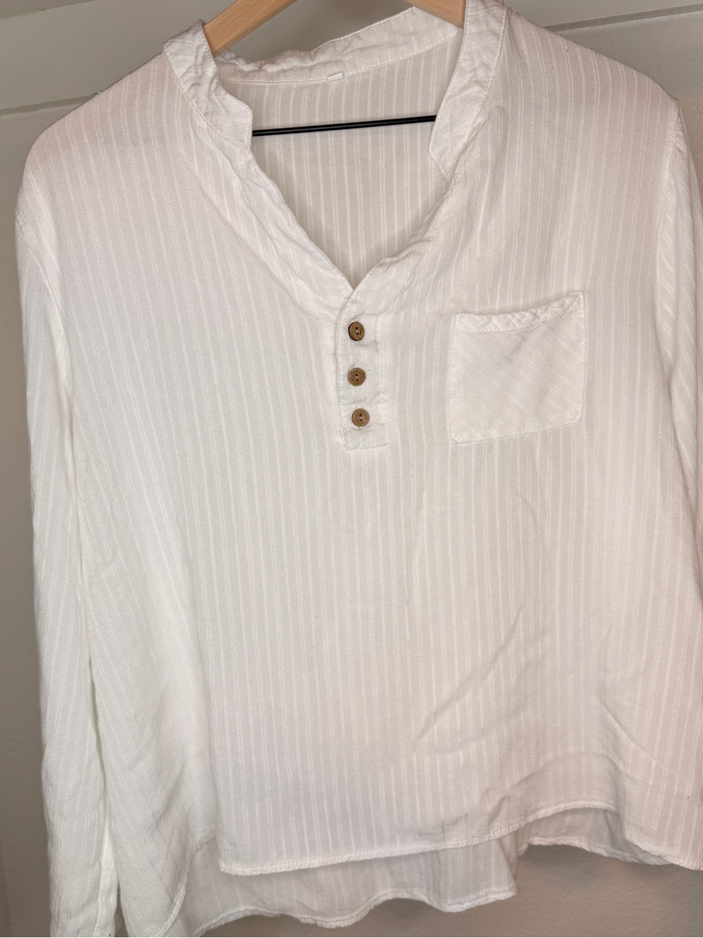 Malai White Textured Stripe Popover Henley Top Long Sleeve